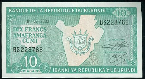 B4458  Burundi - 10 Francs | antikvariat - detail bankovky