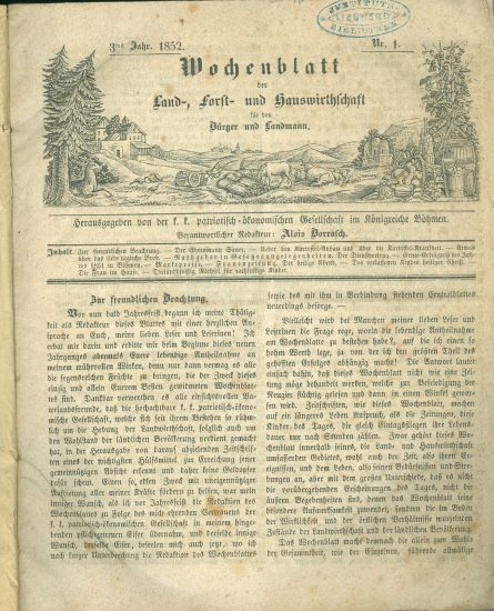 Wochenblatt  Land Forst  und Hauswirthschaftt 1852 Patriotisch  okonomischen Gesattschaft im Konigreiche Bohmen | antikvariat - detail knihy