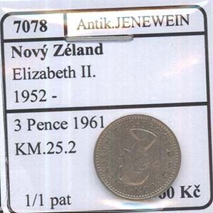 Novy Zeland Elizabeth II 1952 3 Pence 1961 -  A7078 | antikvariat - detail numismatiky