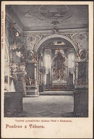 Pozdrav z Tabora Vnitrek poutnickeho chramu Pane v Klokotech | antikvariat - detail pohlednice