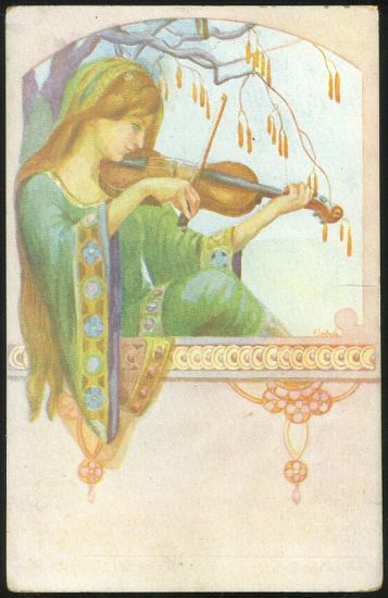 Velikonocni pozdrav  houslistka | antikvariat - detail pohlednice
