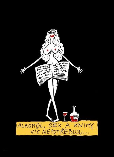 Alkohol sex  a knihy vic nepotrebuju - Cerne bavlnene tricko | antikvariat - detail tricka